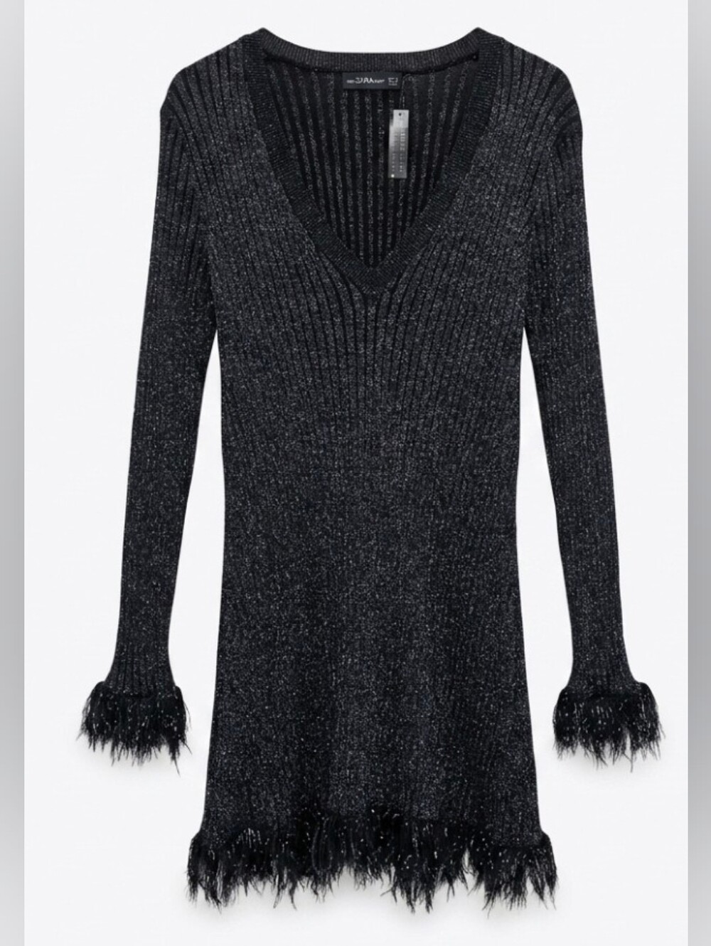 ZARA Ribbed Black Metallic Knit Mini Dress Faux Fur Feather Fringe V-Neck, M